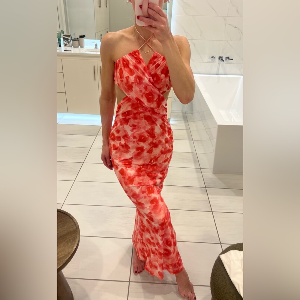 Backless cutout strappy Red Watercolor Print Halter Maxi Dress